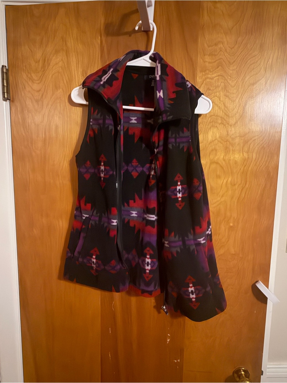 Chaps Black Southwestern Pattern Zip Vest with Red & Purple Accents